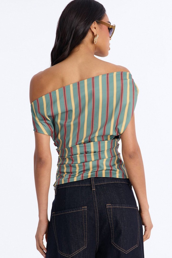 Set The Tone One Shoulder Striped Top - Green/combo
