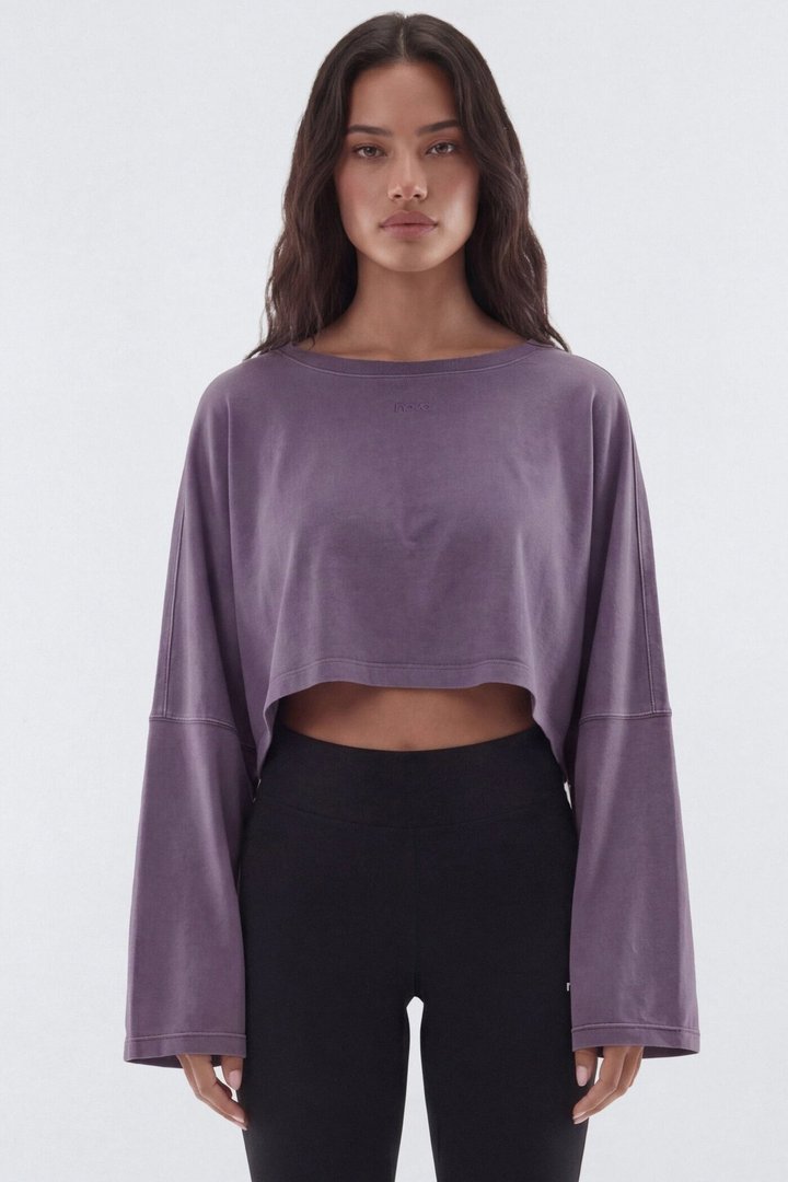 Cotton Jersey Long Sleeve Cropped Top - Iris