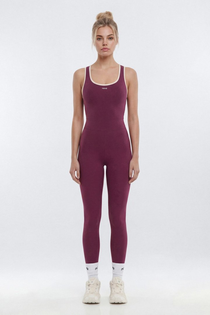 ProStretch™ 25″ Contrast Trim Skinny Racerback Cut Out Jumpsuit - Merlot