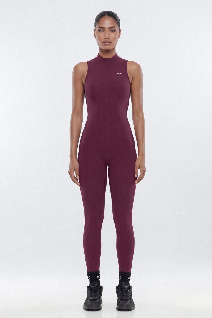 ProStretch™ 27″ Zip Up Mock Neck Skinny Jumpsuit - Merlot