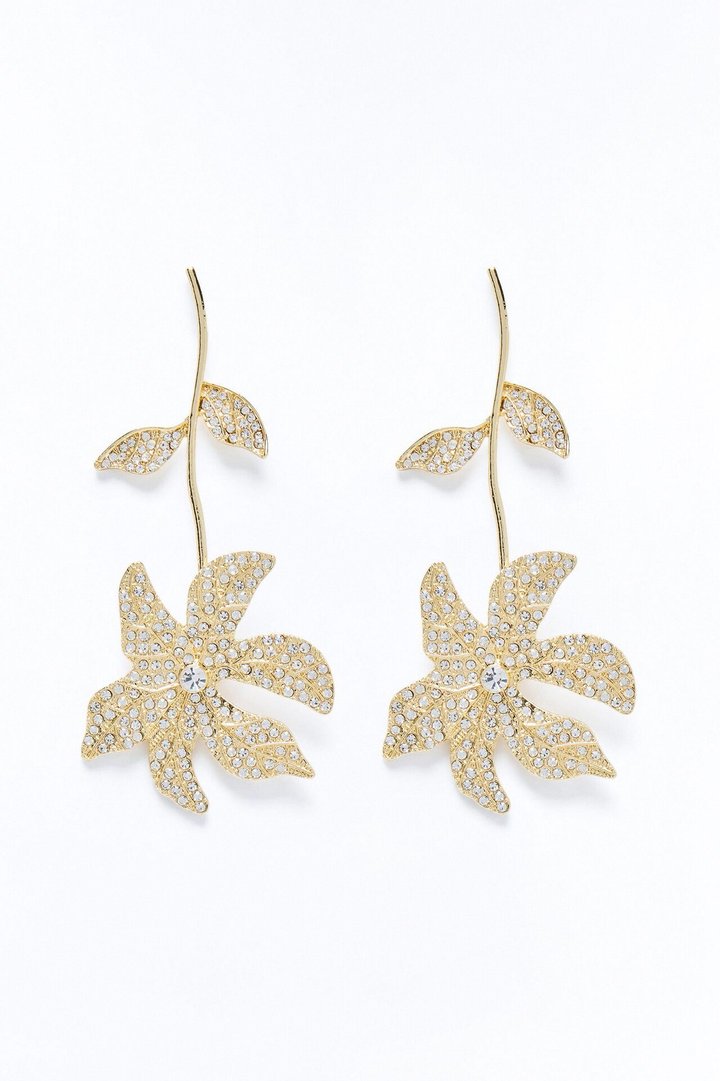 Smell The Flowers Rhinestone Earrings - Gold