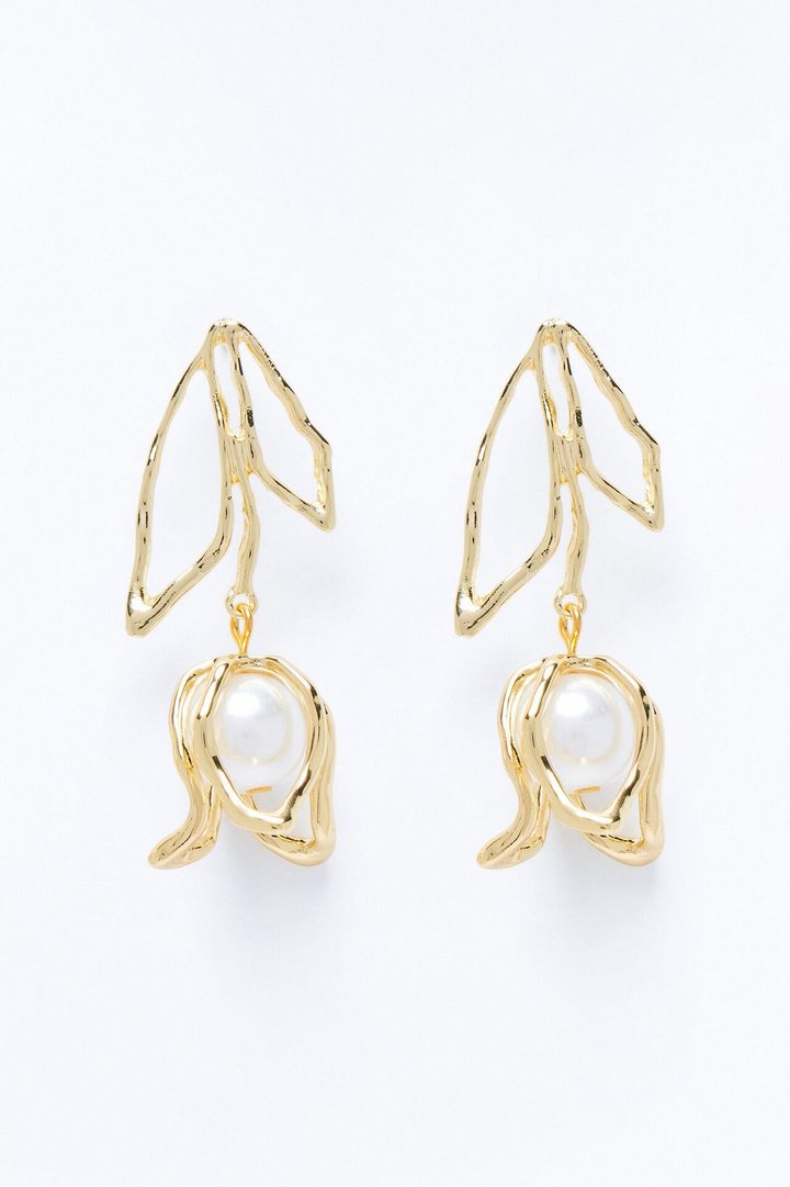 Petal Pearl Drop Earrings - Gold