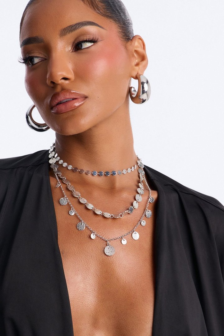 Elena Coin Hardware Layered Necklace - Silver