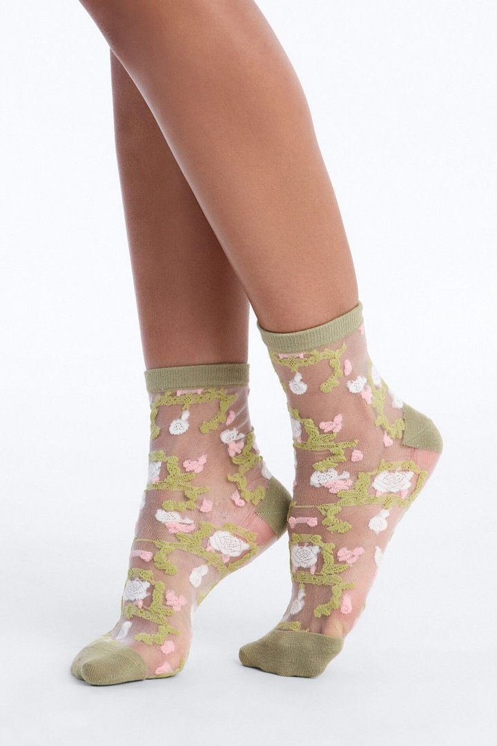 Summer Fields Sheer Crew Socks - Green/combo