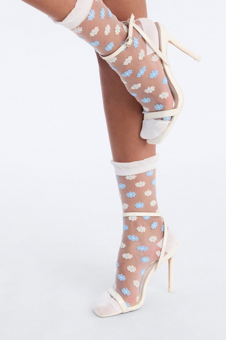 Forget Me Nots Sheer Crew Socks - Blue/combo