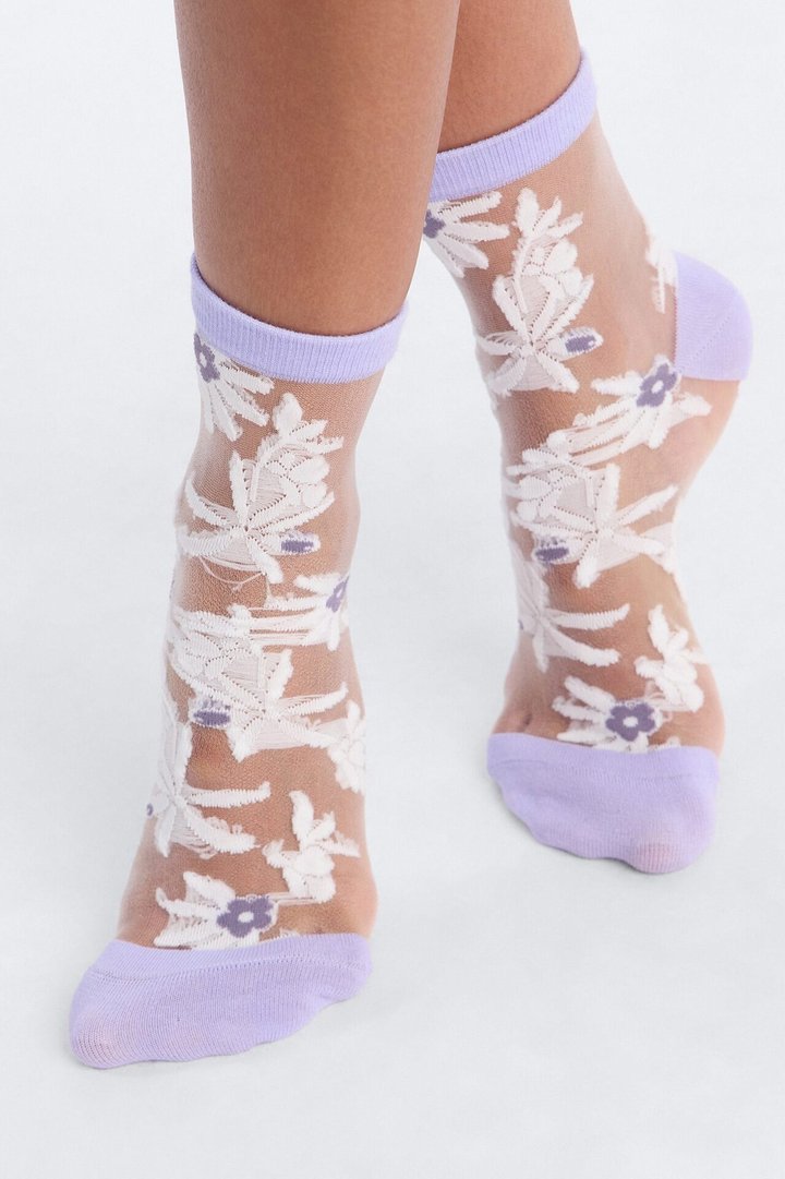 White Flowers Sheer Crew Socks - Purple/combo