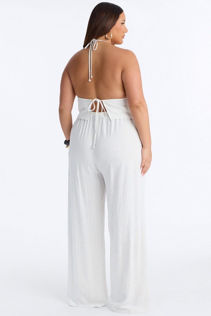 Girl Gone Wild Pinstripe Linen Halter Top - White/combo