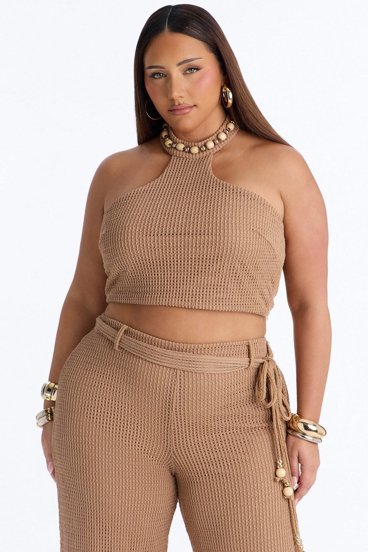 Shoreline Chic Beaded Halter Crochet Pant Set - Camel