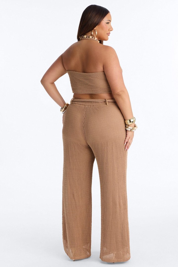 Shoreline Chic Beaded Halter Crochet Pant Set - Camel