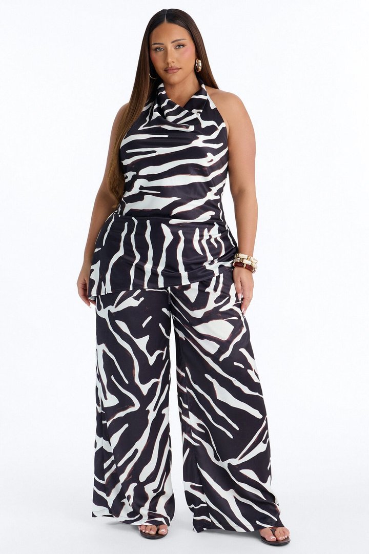 Safari Sunsets Satin Zebra Halter Top - Brown Combo