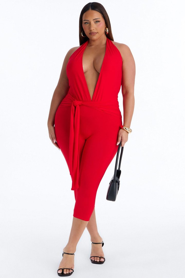 Karla Plunge Capri Catsuit - Red