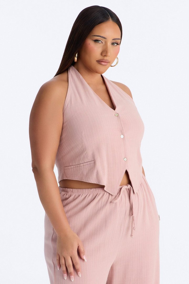 Girl Gone Wild Pinstripe Linen Halter Top - Blush