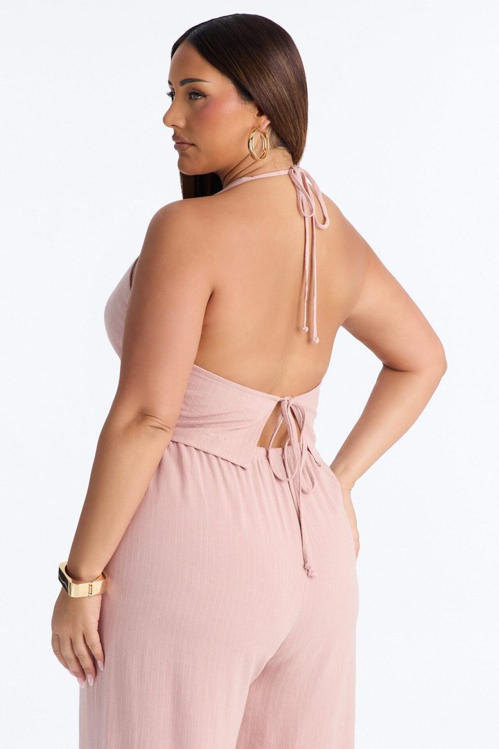 Girl Gone Wild Pinstripe Linen Halter Top - Blush