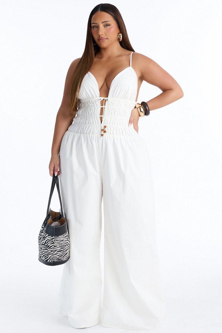 Vacation Muse Beaded Wide Leg Jumpsuit - White