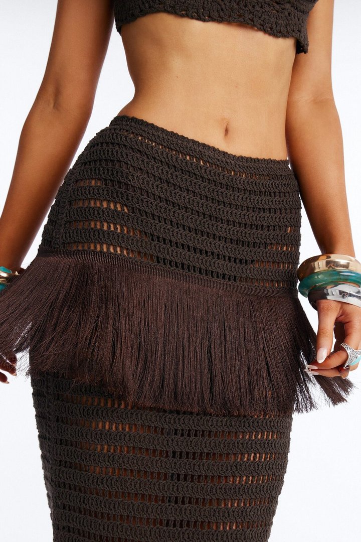 Coastal Vibe Crochet Fringe Maxi Skirt Set - Chocolate