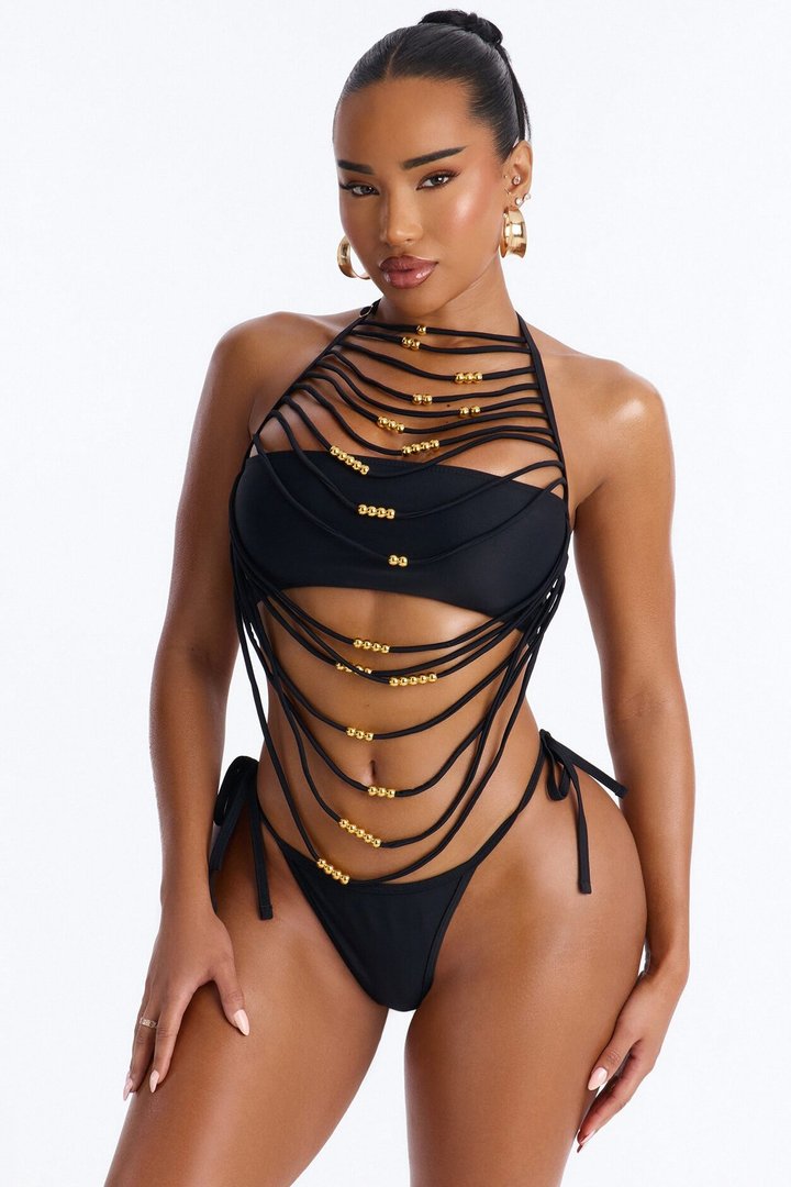 Hot Sand Energy Draped 2 Piece Beaded Bikini Set - Black