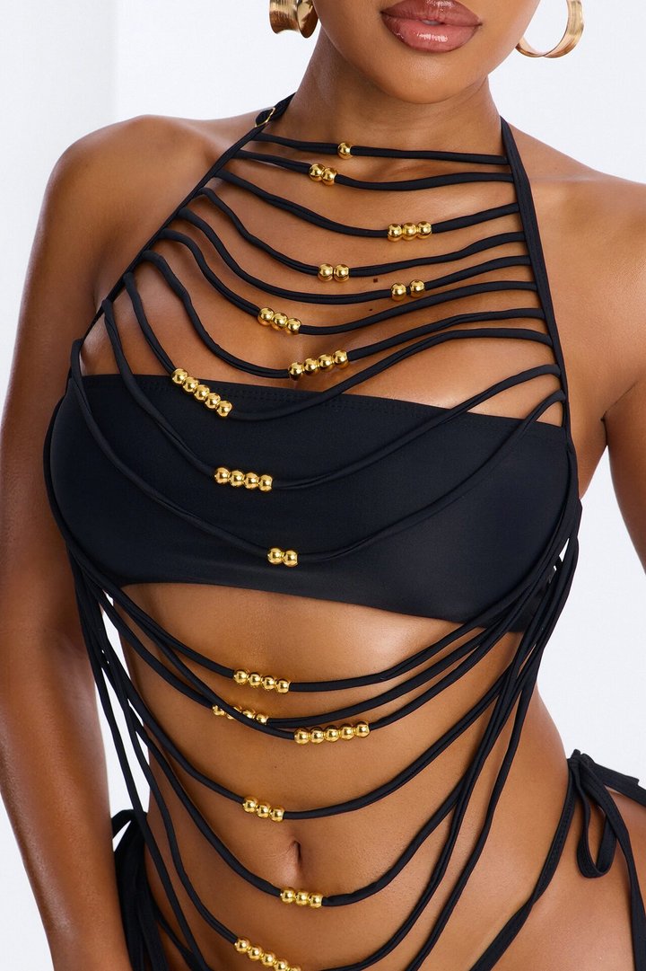 Hot Sand Energy Draped 2 Piece Beaded Bikini Set - Black