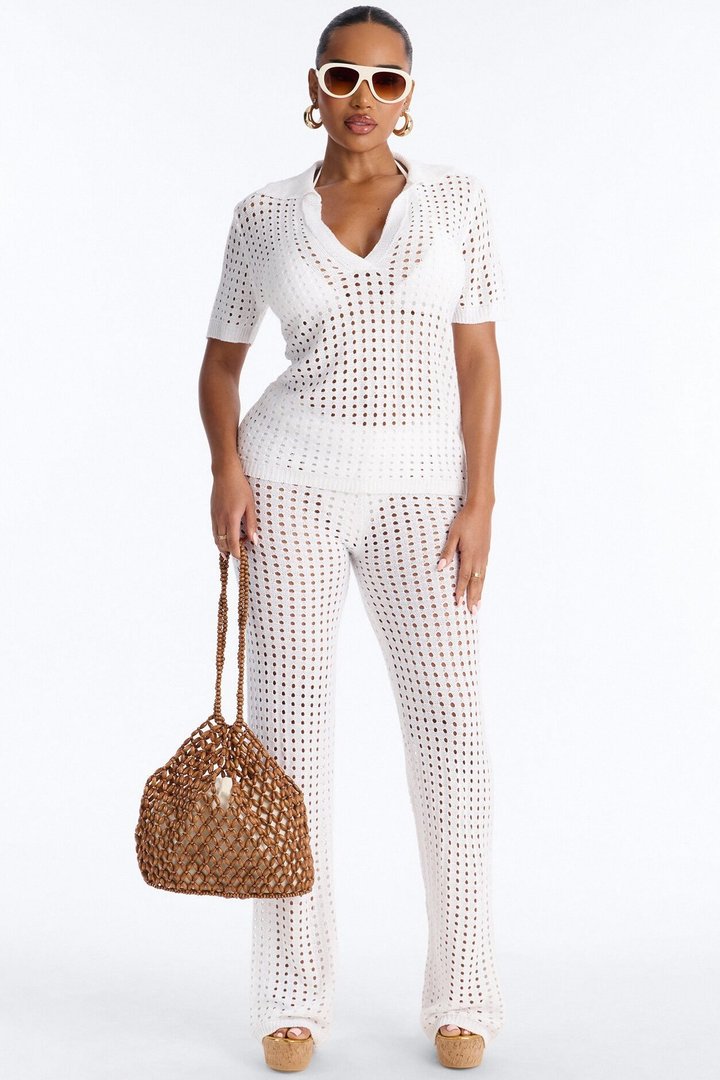 Keleigh 2 Piece Crochet Swim Cover Up Top & Pant Set - White