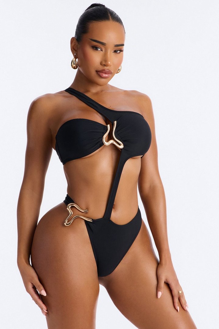 Salara One Shoulder Hardware 1 Piece Swimsuit - Black