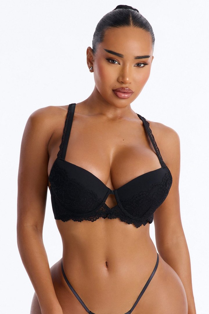 Underneath It All Microfiber Lace Push Up Molded Cup Bra - Black