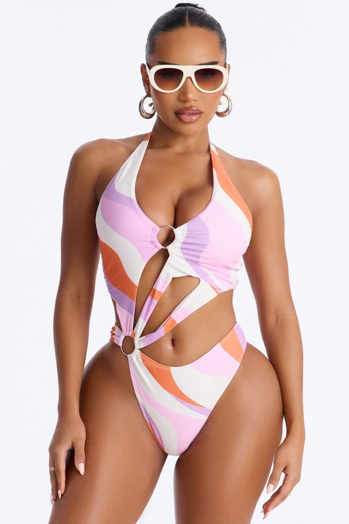 Cuties In Hawaii Abstract O-Rings Cut Out 1 Piece Swimsuit - White/combo