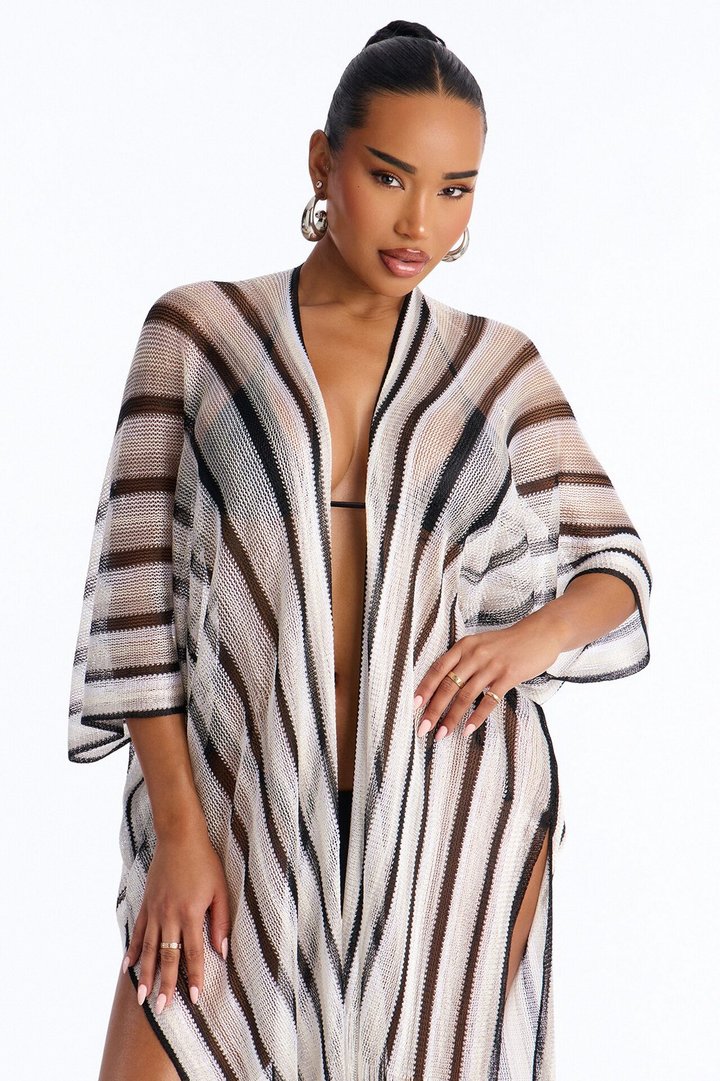 Leni Striped Swim Cover Up Kimono - Black/White