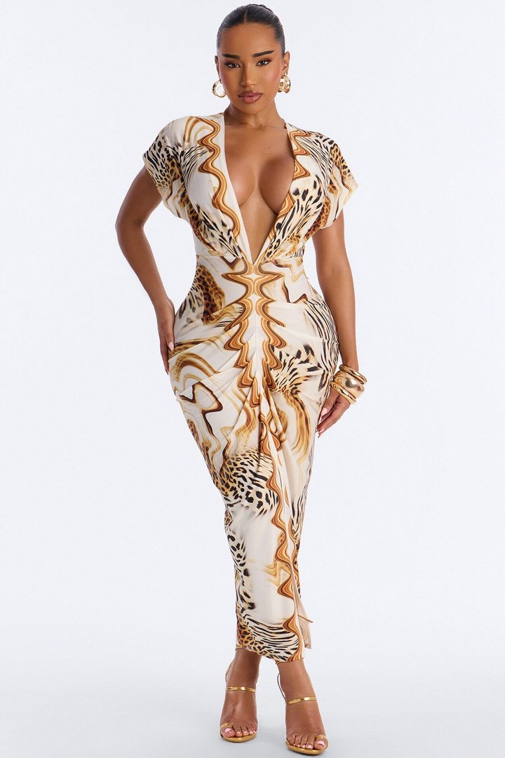 Annika Ruched Animal Print Midi Dress - Brown/combo