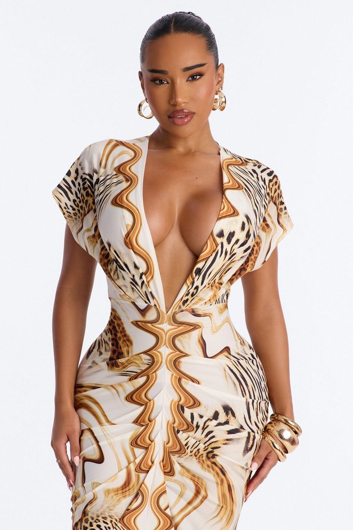 Annika Ruched Animal Print Midi Dress - Brown/combo