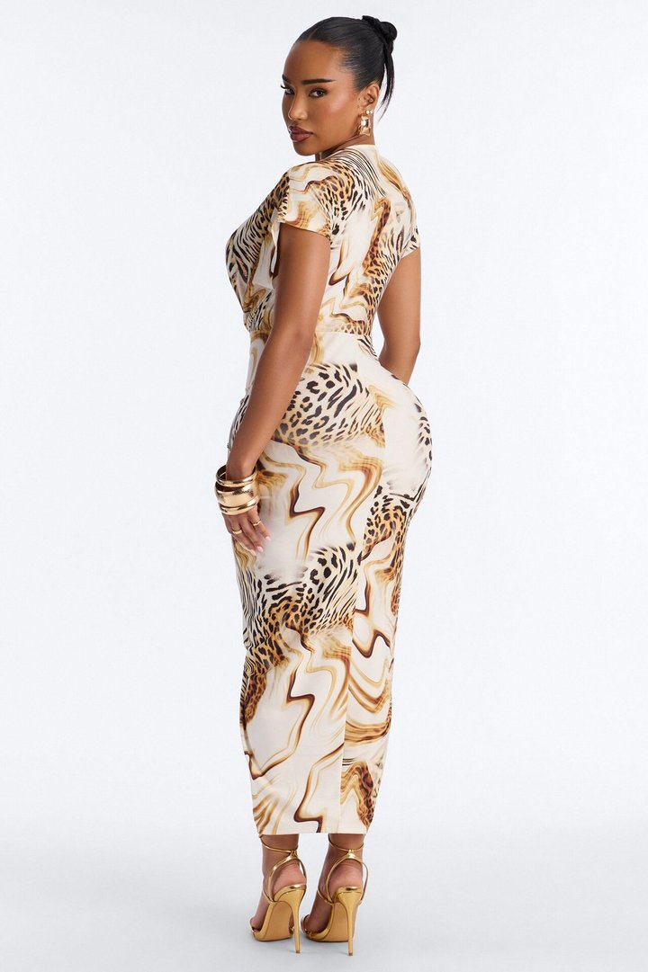 Annika Ruched Animal Print Midi Dress - Brown/combo
