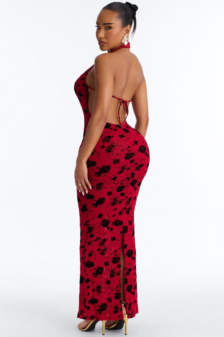 Hollywood Cut Out Flocked Maxi Dress - Red/combo