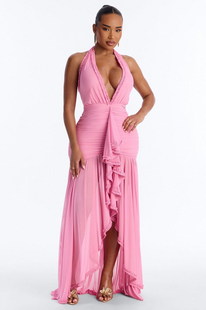 Alessandra Ruched Ruffle Gown - Pink
