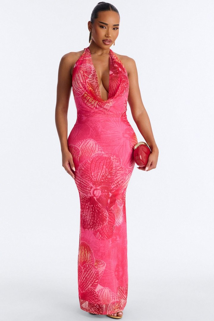 Tropic Muse Halter Mesh Maxi Dress - Pink/combo