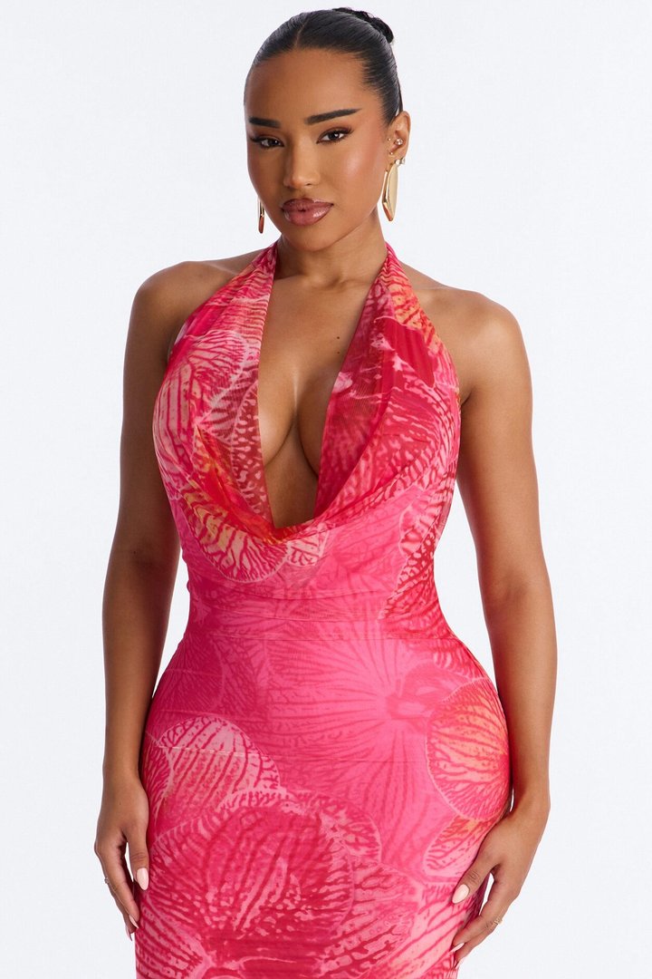 Tropic Muse Halter Mesh Maxi Dress - Pink/combo