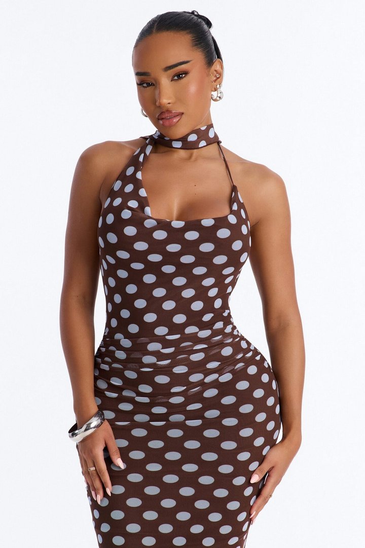 Sweet Spot Polka Dot Mesh Midi Dress - Brown/combo