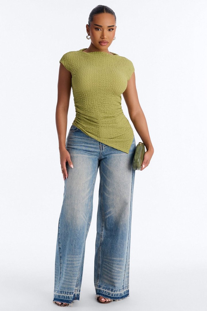 Isla Textured Mock Neck Asymmetrical Short Sleeve Top - Sage