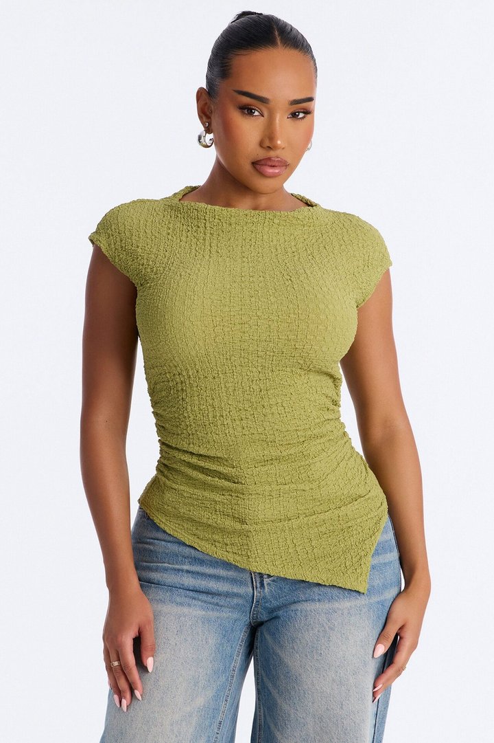 Isla Textured Mock Neck Asymmetrical Short Sleeve Top - Sage