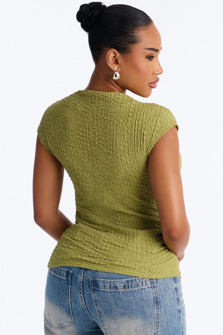 Isla Textured Mock Neck Asymmetrical Short Sleeve Top - Sage