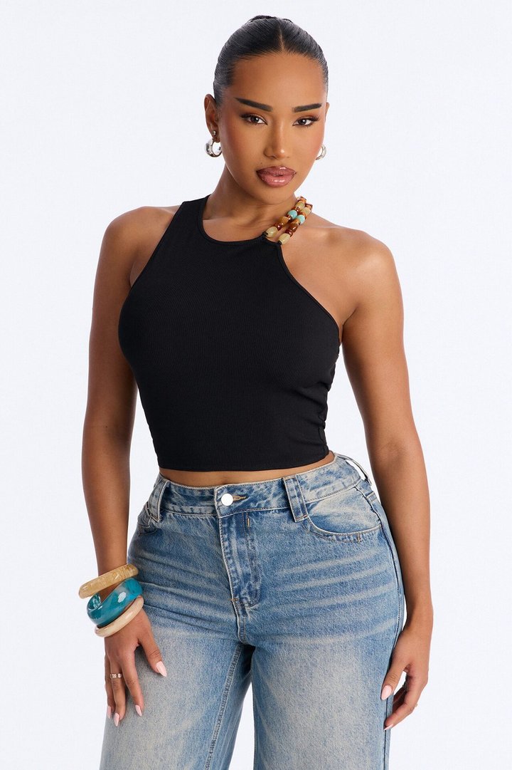 Cali Girl Ribbed Beaded Top - Black
