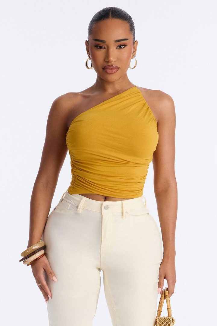 Kehlani One Shoulder Ruched Sleeveless Top - Mustard