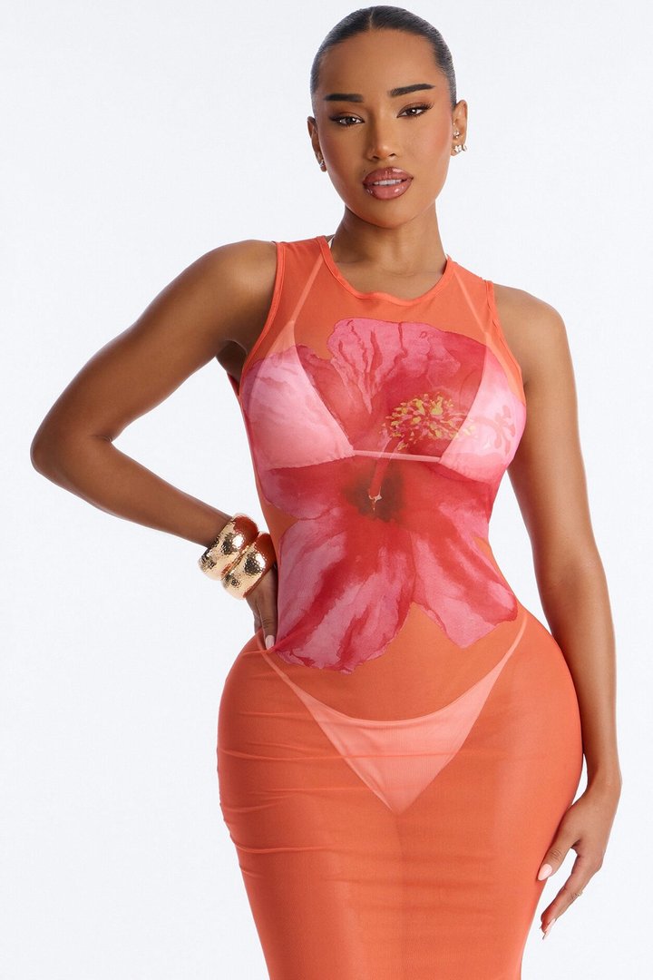 Floral Fantasy Sheer Swim Cover Up Dress - Orange