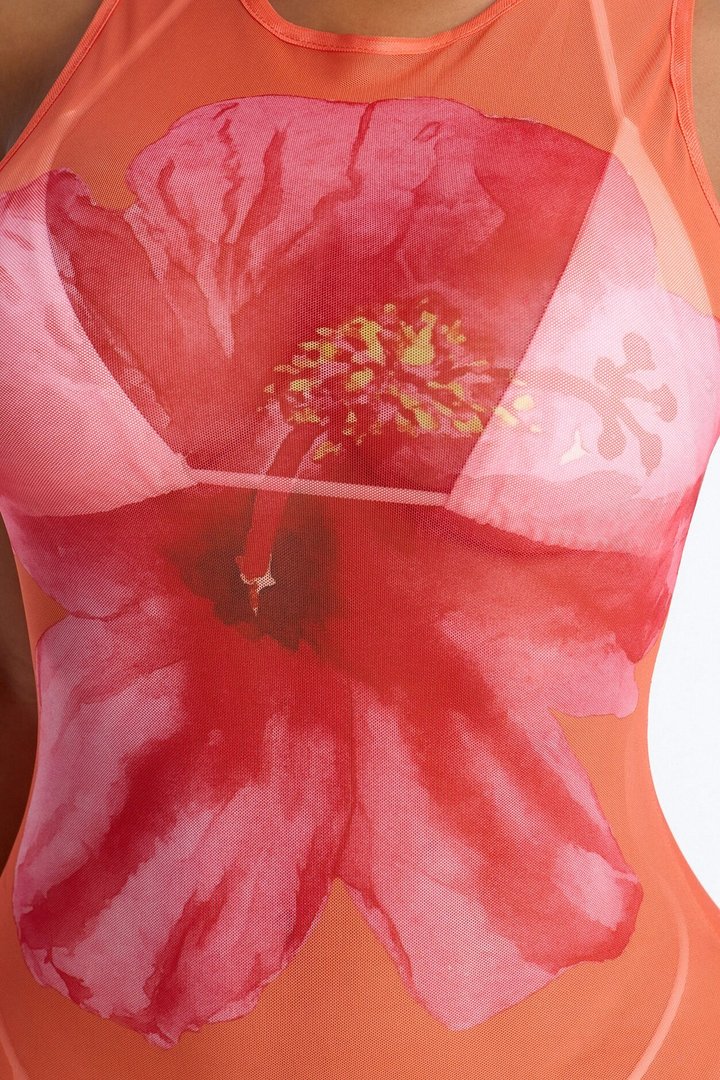 Floral Fantasy Sheer Swim Cover Up Dress - Orange