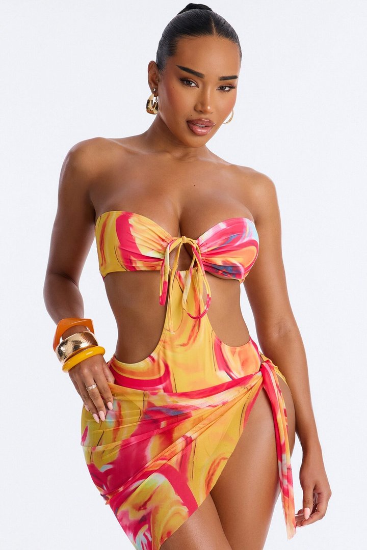 Sweet Escape 1 Piece Bandeau Bikini Mesh Sarong Set - Yellow/combo