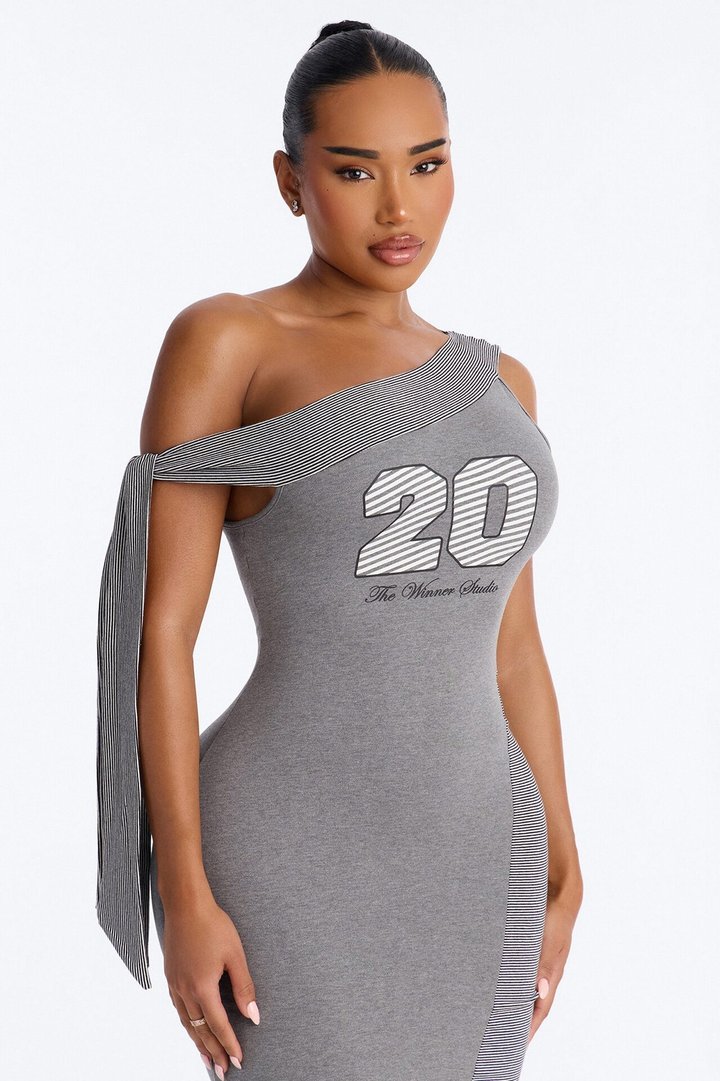 Halle Graphic Asymmetrical Midi Dress - Grey