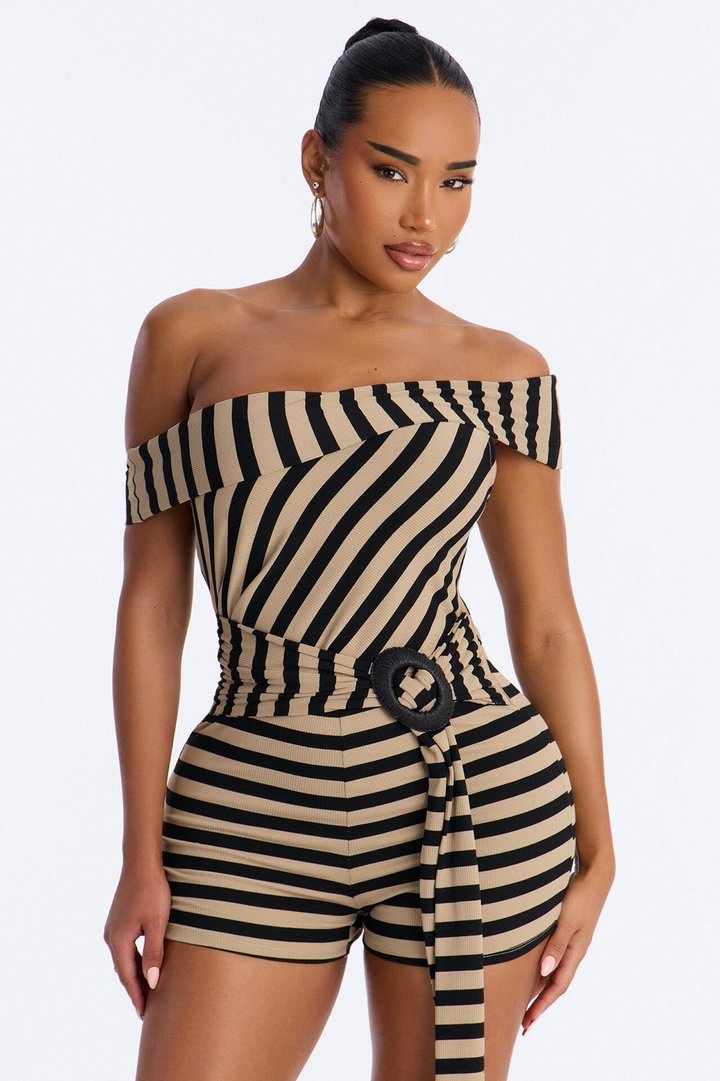 Celia Striped Off Shoulder Micro Romper - Black/combo