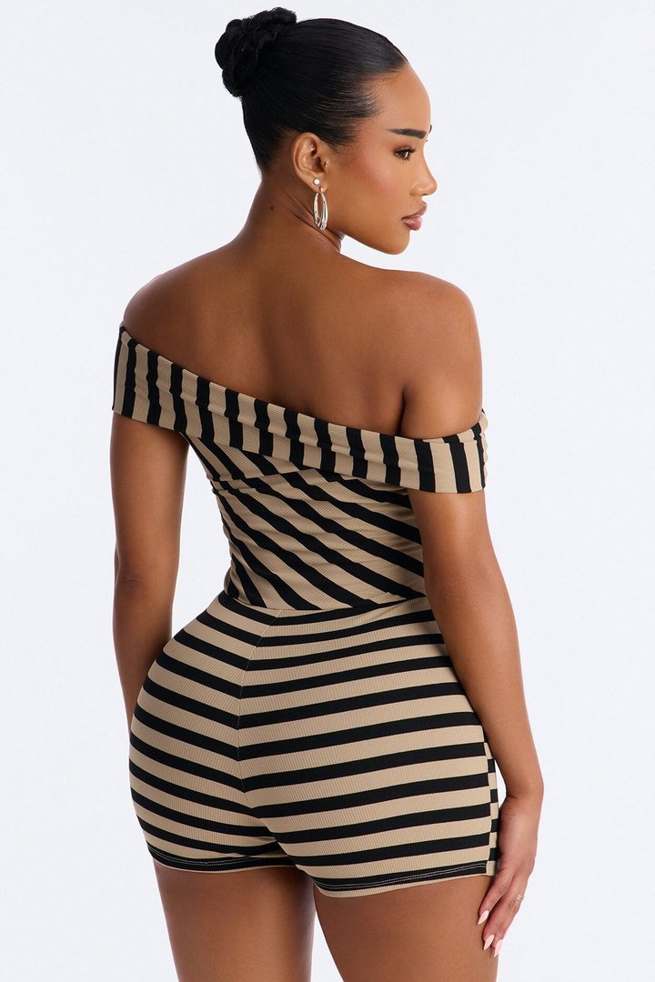 Celia Striped Off Shoulder Micro Romper - Black/combo