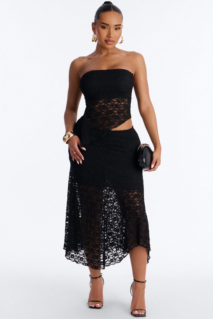 Liliana Lace Asymmetrical Skirt Set - Black