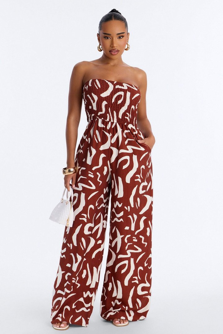 Faye Strapless Abstract Wide Leg Jumpsuit - Rust/combo