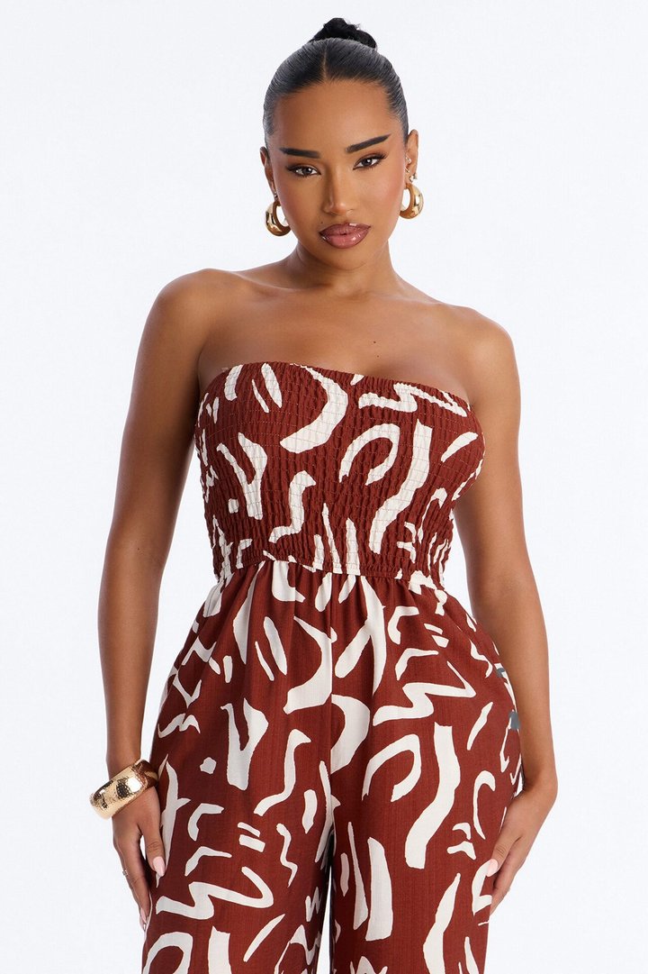 Faye Strapless Abstract Wide Leg Jumpsuit - Rust/combo