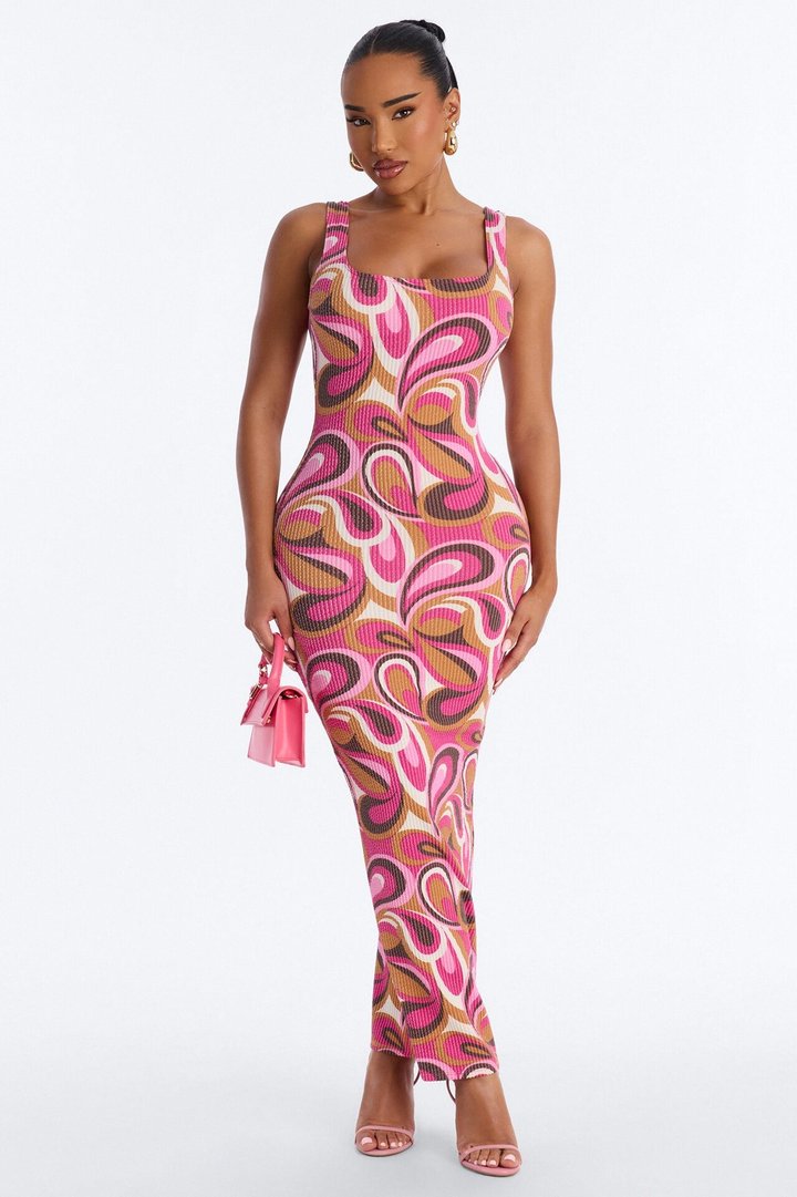 Valentina Ribbed Maxi Dress - Magenta/combo