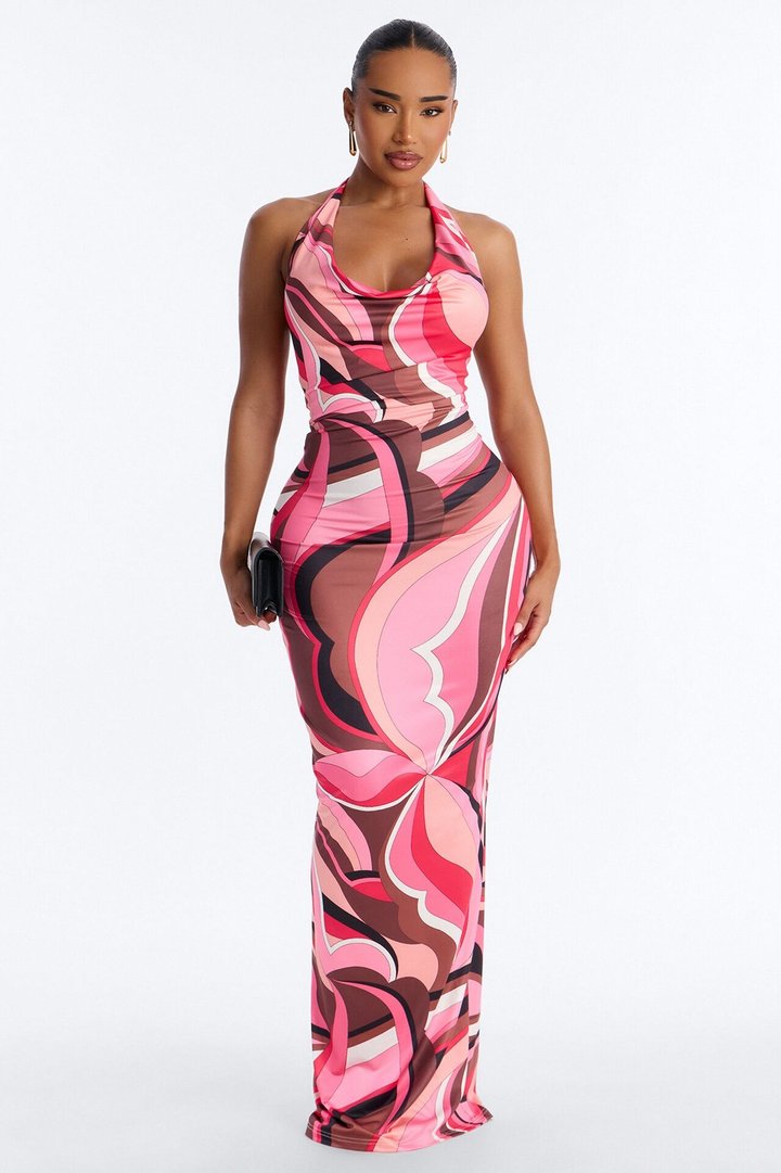 Emilia Backless Maxi Dress - Pink/combo